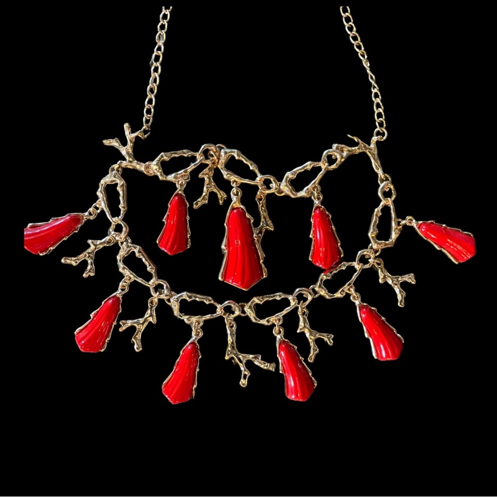 Red Art Deco Tree Branch Statement Necklace